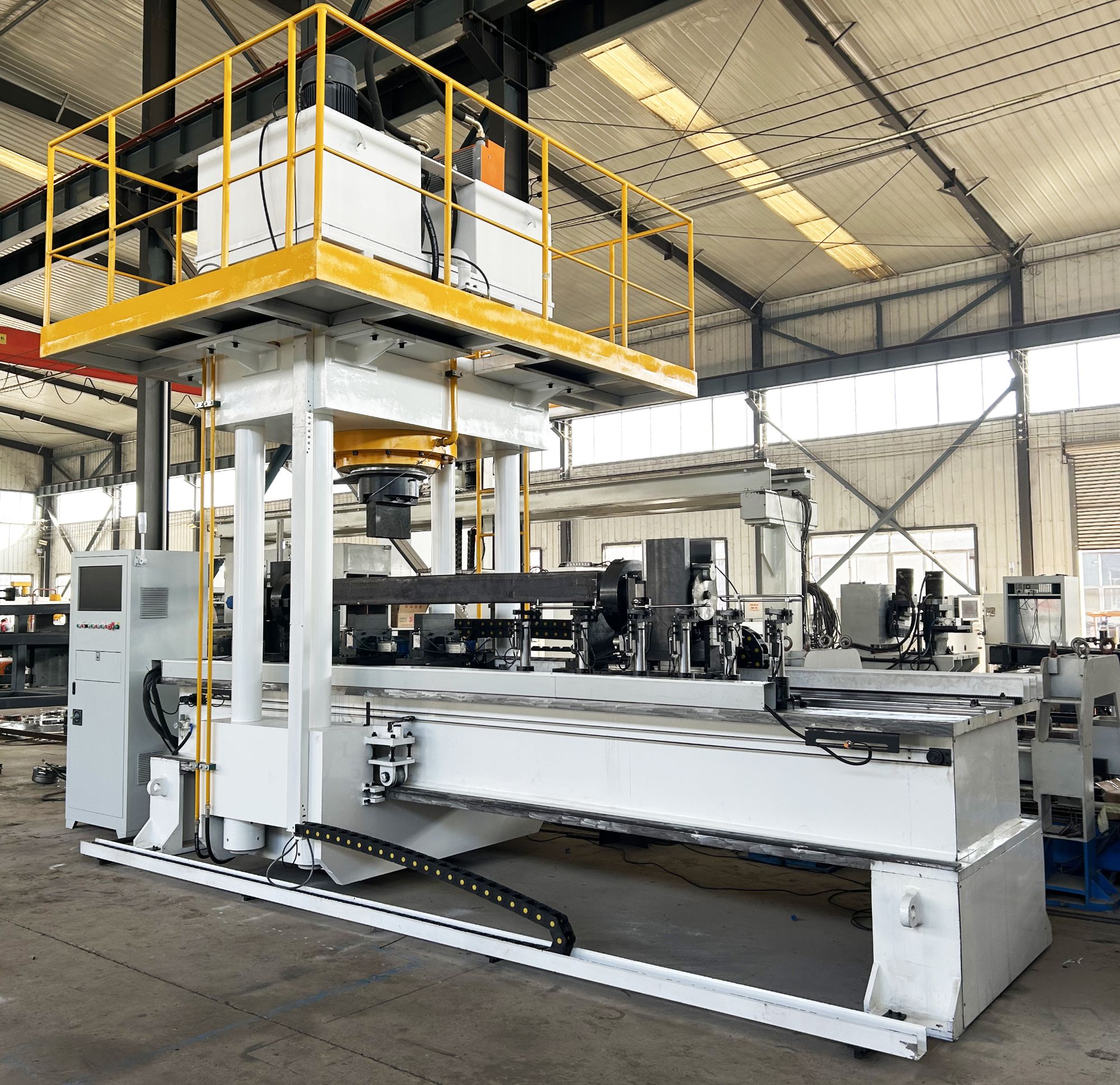 Steel bar straightening line in operation