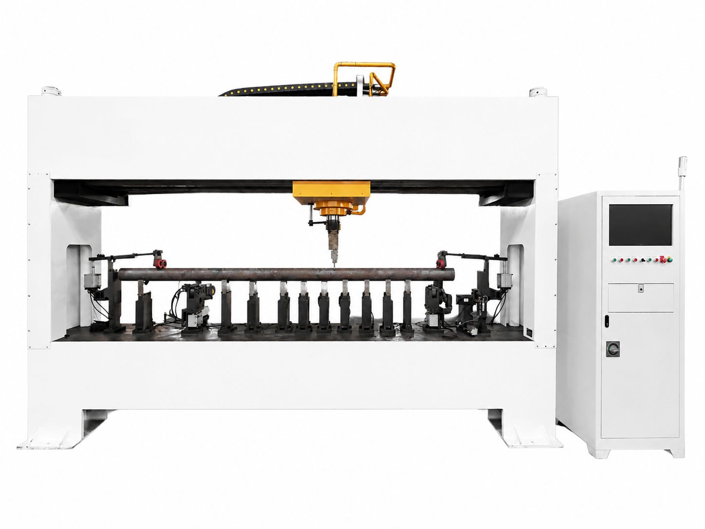 Frame-type automatic hydraulic pipe straightening machine front view on white background