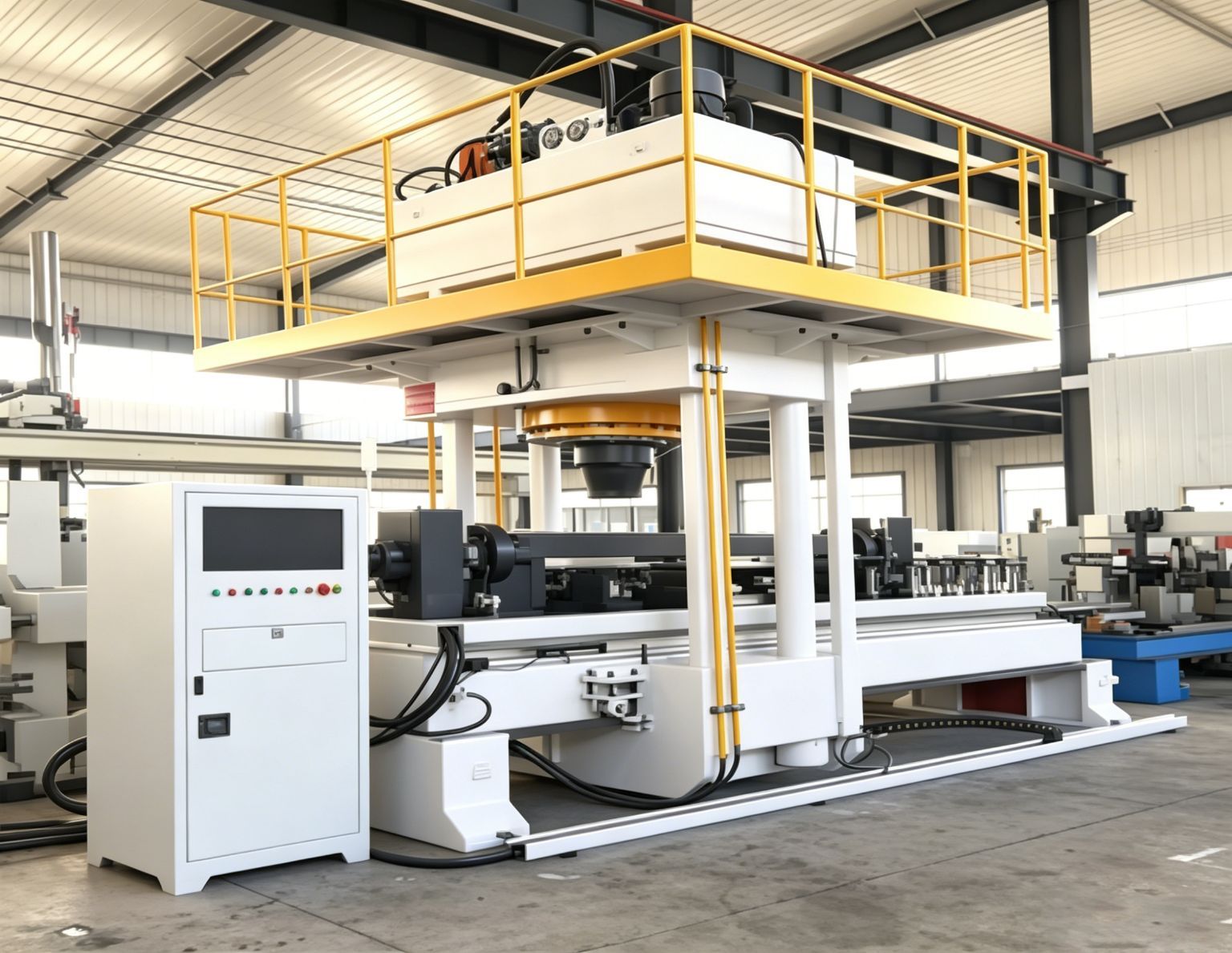 Automatic Square Tube Straightening Machine - main view showing complete system with hydraulic tower and gantry frame