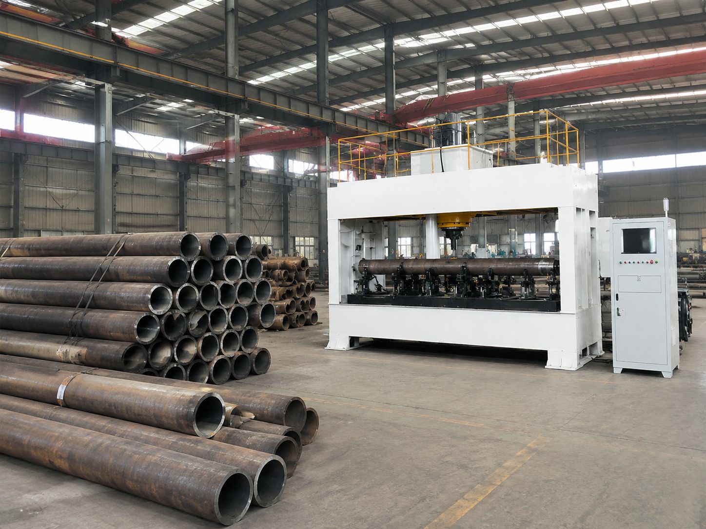 Automatic straightening equipment processing steel pipes in production environment