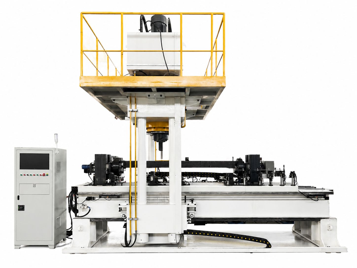 Mobile gantry-type automatic hydraulic pipe straightening machine front view on white background