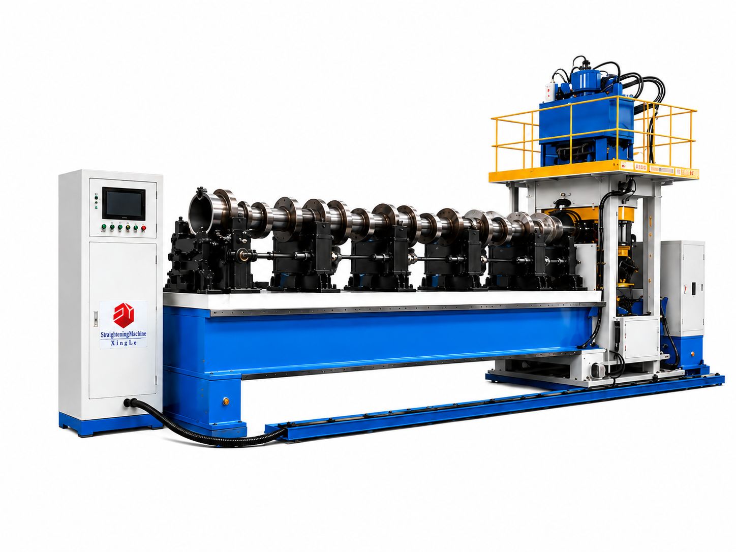 Automatic Hydraulic Shaft Straightening Machine - main product view showing the hydraulic press frame with integrated measurement sensors and CNC control panel